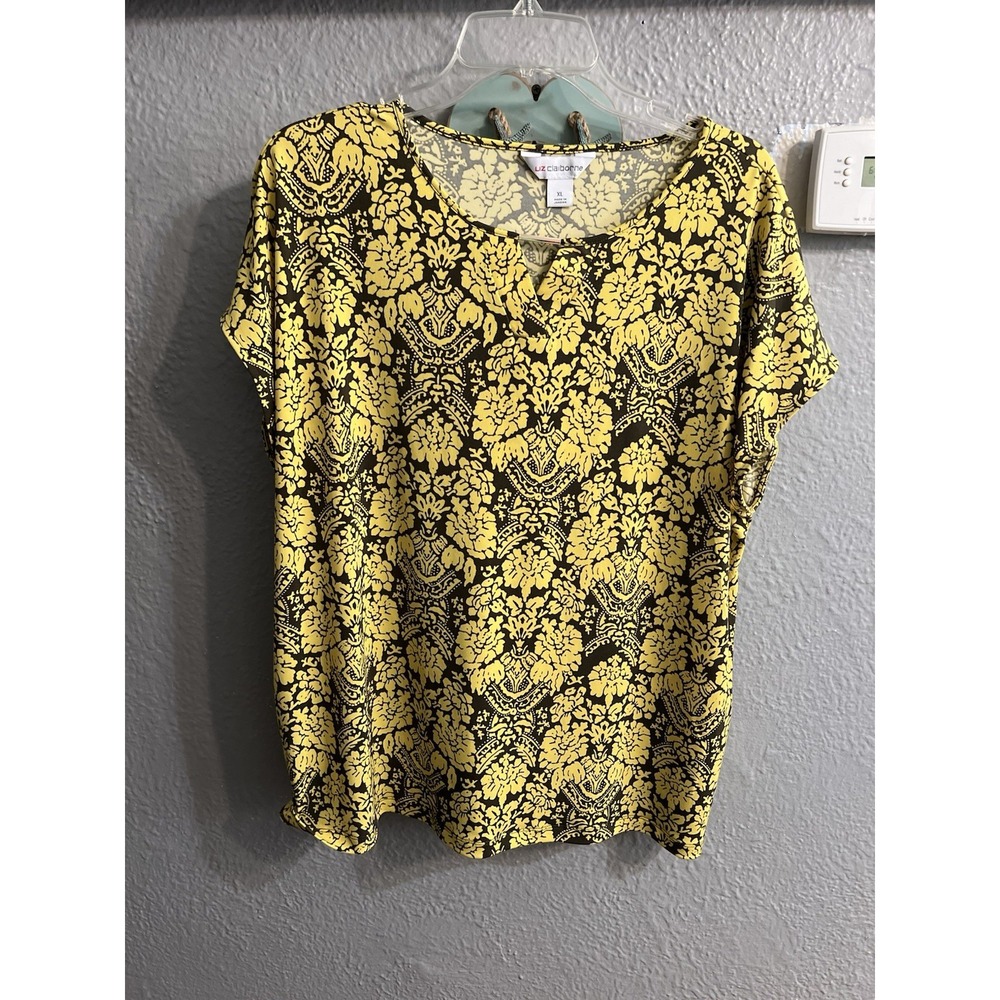 Liz Claiborne Women Yellow Brown Cap Sleeve Blouse Size Large